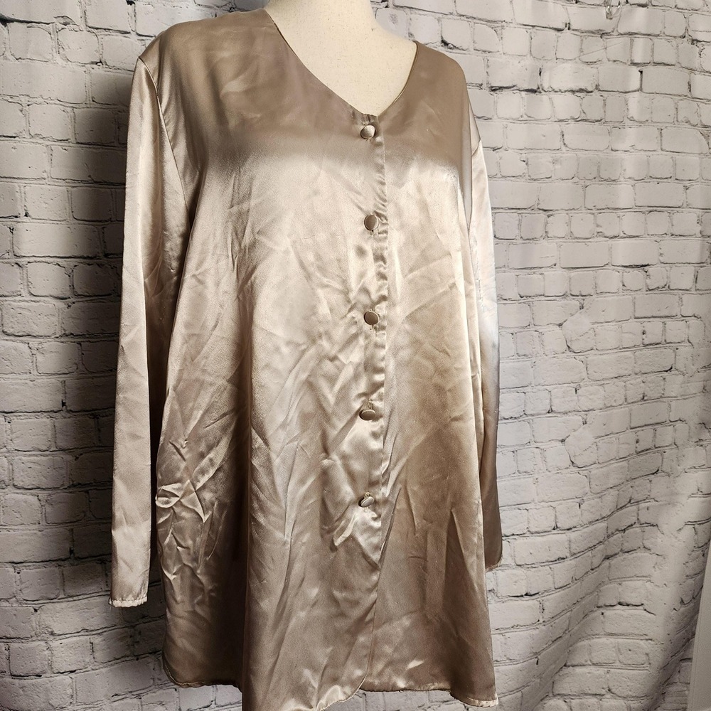 Lauren Lee Woman Vintage 3X Champagne Gold Satin V-Neck Button Front Blouse Top
